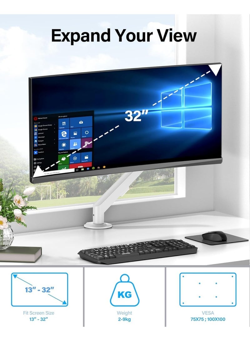 Single Monitor Arm,  Mount Aluminum Gas Spring Adjustable Ergonomic  Monitor Arm, Swivel Monitor Mount & 2  Mounting Base for 13-32 inches 1.5-10 kgs Sceens, Whit ﻿ - Image 3